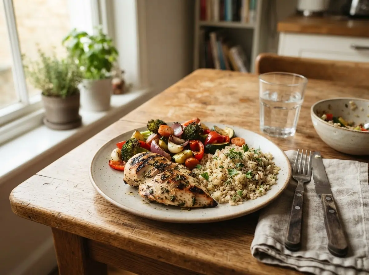 A home-cooked meal with protein and vegetables on a wooden table