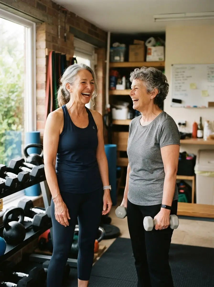 Two women laughing together during a strength session in a bright home gym