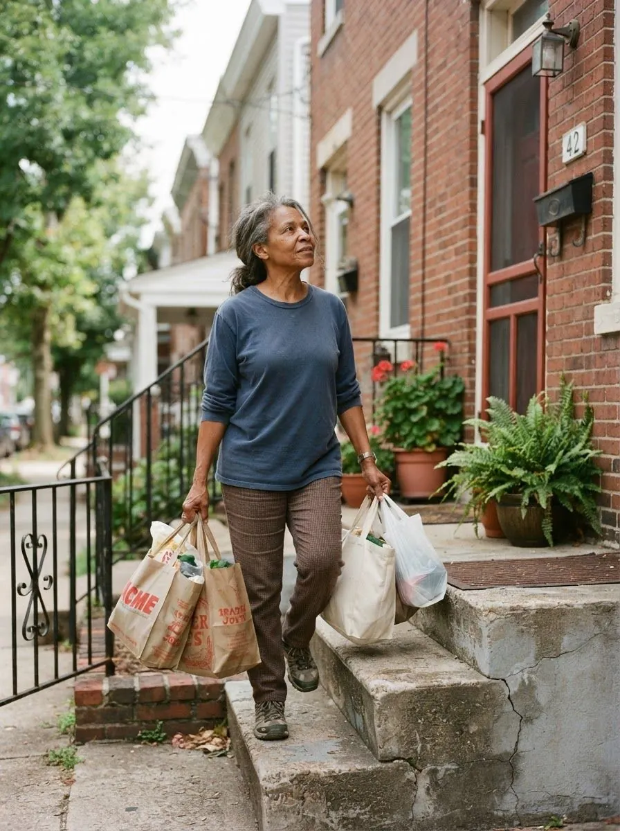 A woman carrying several grocery bags up a short flight of front steps